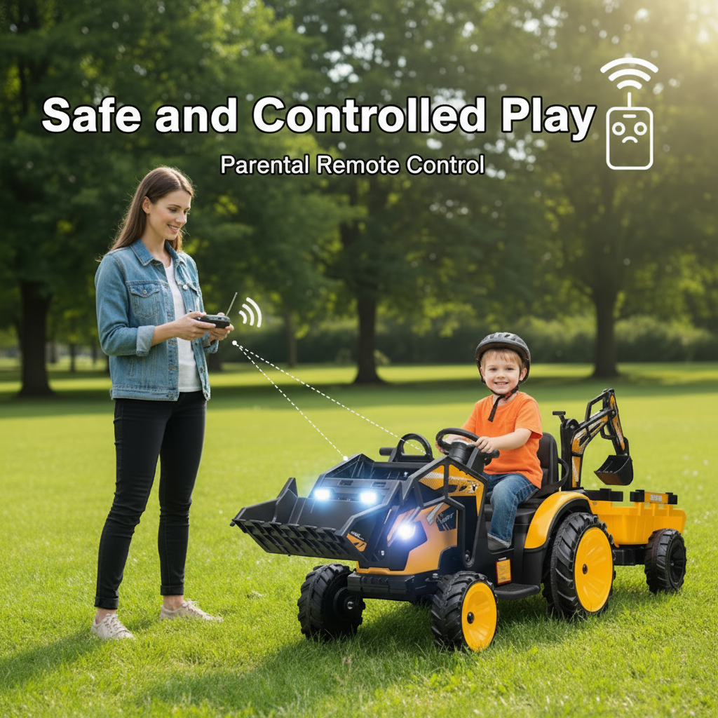 Garvee Ride P Series 3-in-1 Ride-On Tractor, 24V Electric, Excavator & Bulldozer, Remote Control, LED, Music, USB/Bluetooth max 66 lbs - Bright-Yellow