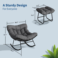 Garvee Papasan Rocking Chair with Footrest, Metal Patio Lounge Rocking Chair with Ottoman & Thick Cushion, Patio Comfy Modern Egg Rocker for Balcony Backyard Porch Bedroom, Dark Grey