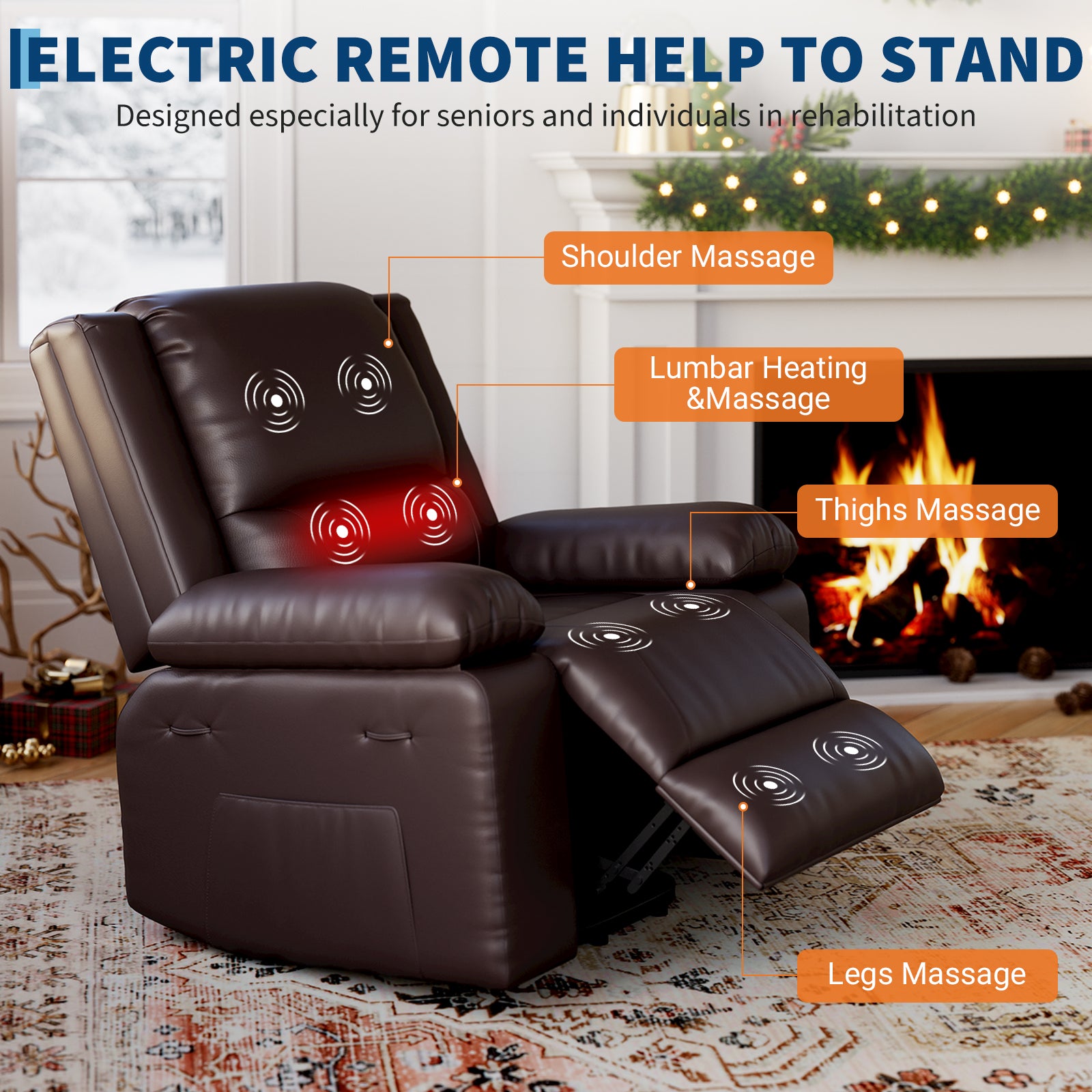 Garvee PU Leather Power Lift Recliner Chair with Massage and Heat, 8-Point Vibration, Adjustable Back and Leg Support, Electric Lift Chair Designed for Mobility Aid Elderly Relaxation, Coffee