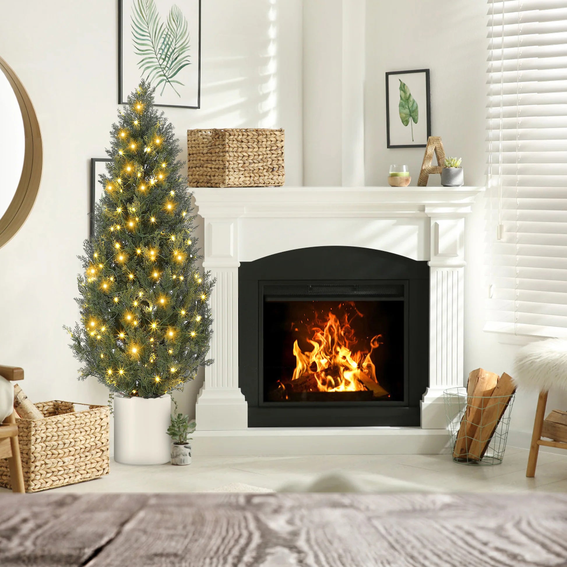 Garvee 5ft Artificial Topiary Cedar Trees with 100 Light / 8 Light Modes, 2 PCS Artificial Plants Outdoor with Realistic Moss & Pot, UV Rated Fake Plants for Front Porch Decor, Living Room