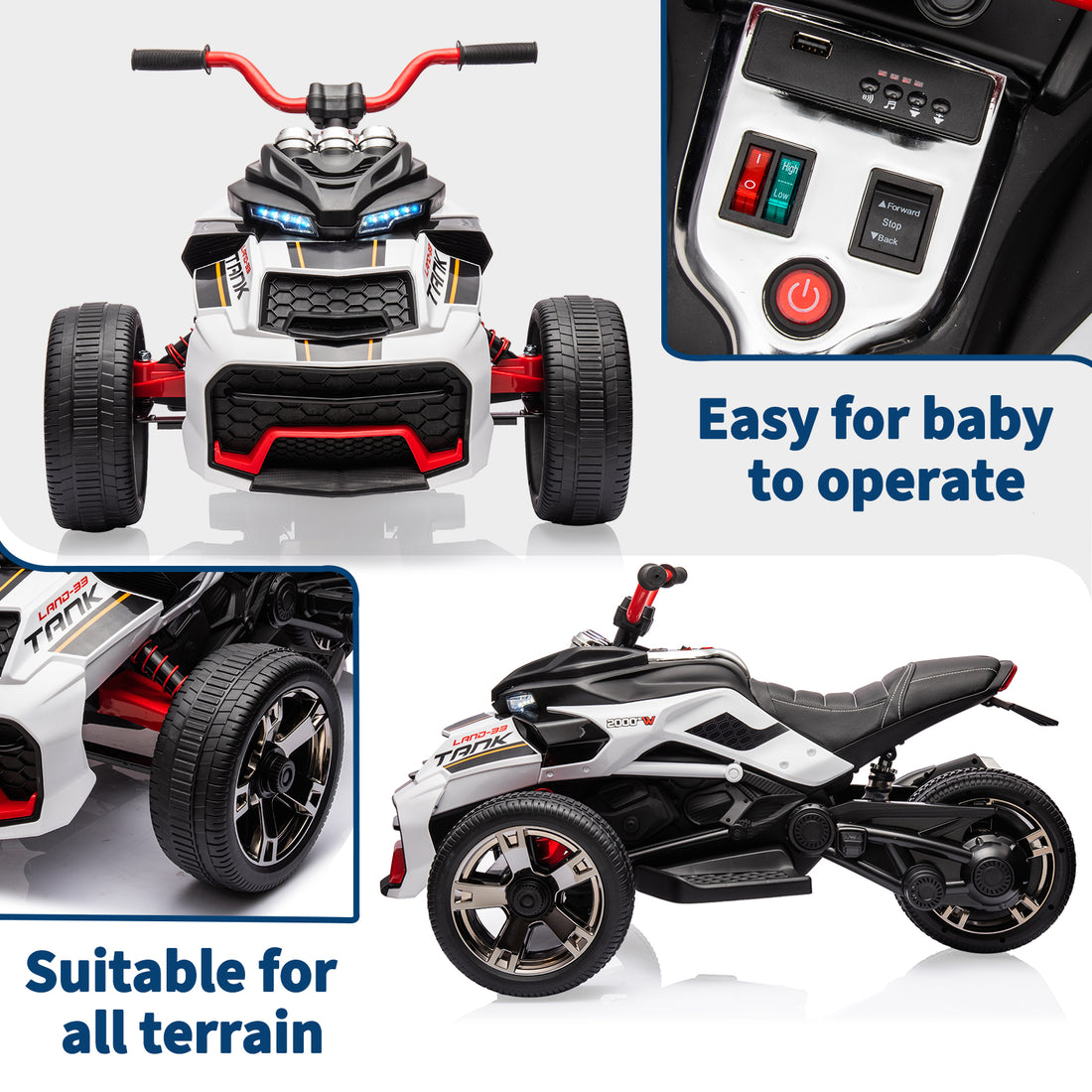 Garvee 12V Kids Ride on Toy for Kids, 2x55W Powerful Engine 7AH Battery, 3 - 7 km/H, 3 Wheelers Electric Vehicle, LED Lights, 2 Speeds, EVA Tire, Music, USB - White