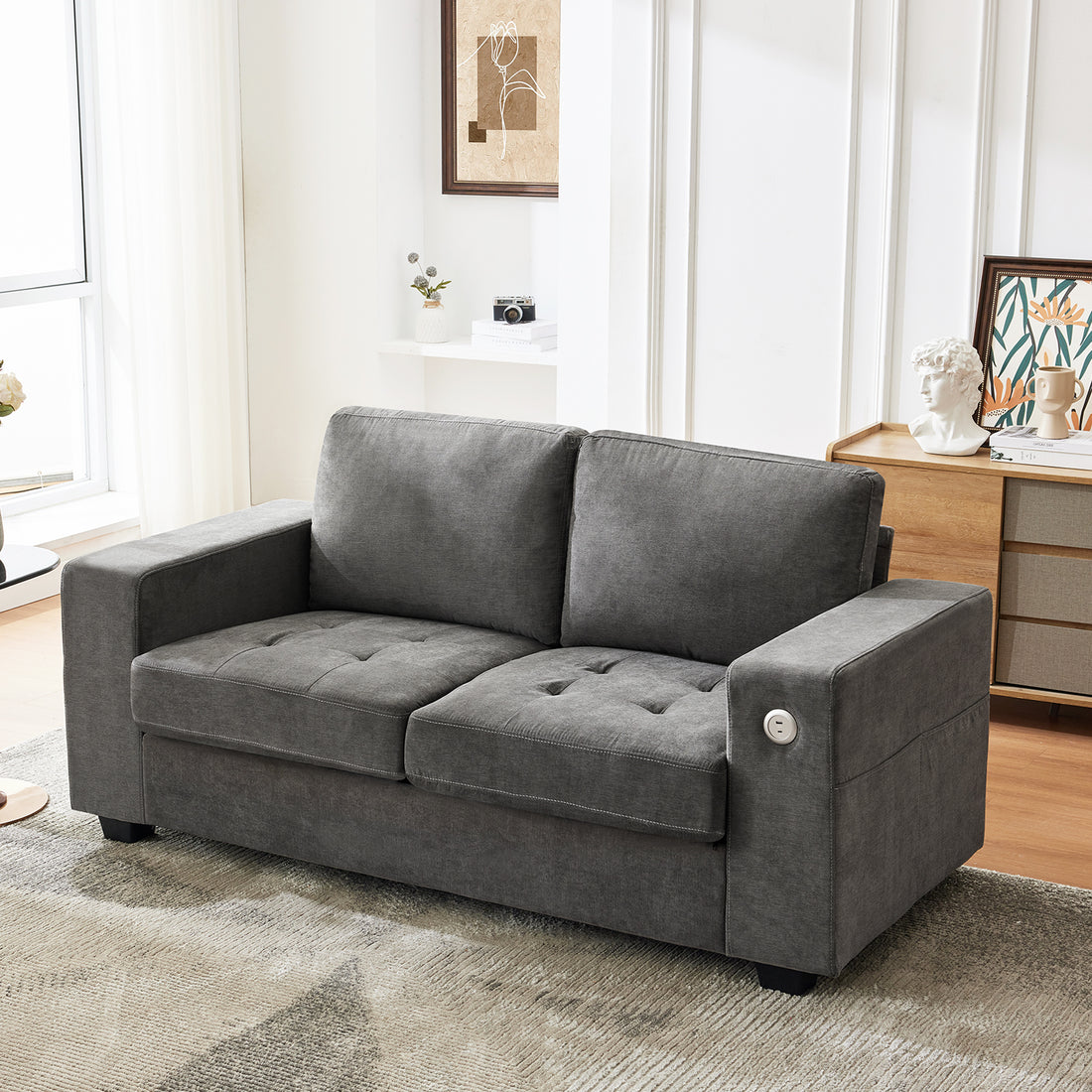 Garvee 71" Chenille Fabric Sofa Modern Comfort Sofa with USB/Type-C Ports, Deep Seat Cushions, Removable Cover, Wide Armrests Ideal for Living Rooms, Small Spaces, and Apartments - Grey