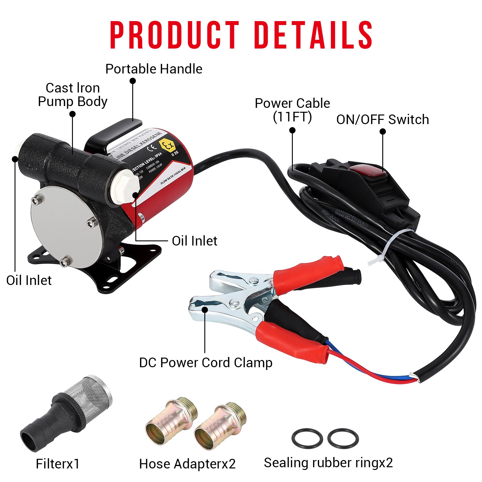 Garvee Fuel Transfer Pump DC 12V Diesel Transfer Pump Cast Iron Gasoline Transfer Pump, 8GPM, Overheating Stability, Applicable to Gasoline, Diesel