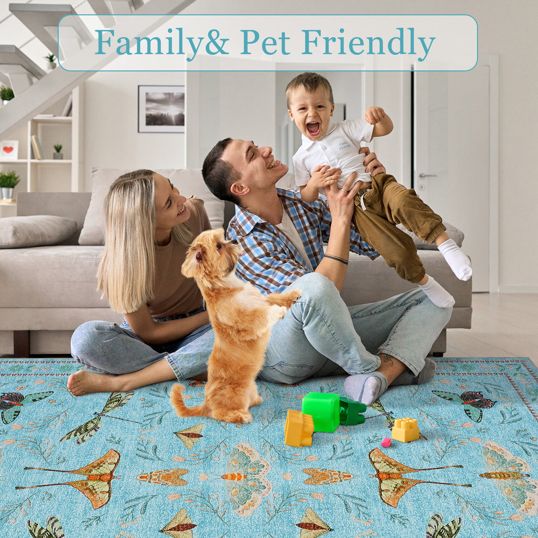 Garvee Blue Butterfly 4x6 Washable Non Slip Low Pile Stain Resistant Ultra Thin Insect Plant Rug for Living Room Nursery