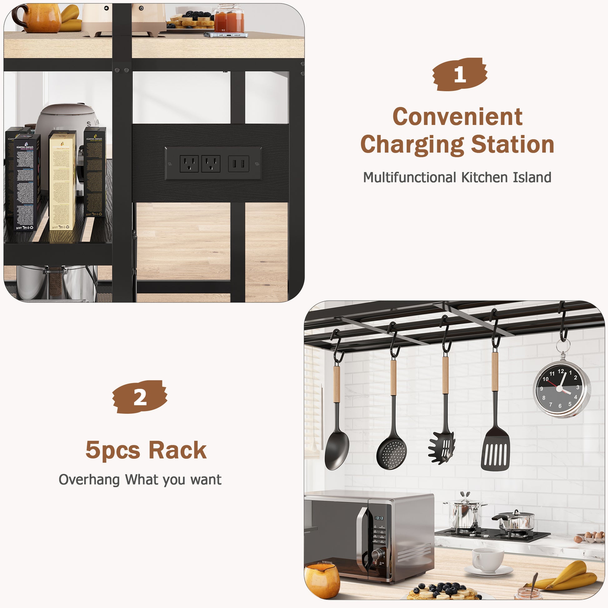 Garvee Kitchen Island with Storage, Bakers Rack with Power Outlet, Island Table for Kitchen,3 Tier Microwave Stand Oven Shelf,Large Coffee Bar Table, Storage Shelf for Kitchen Dining Room Living Room,5 Hooks