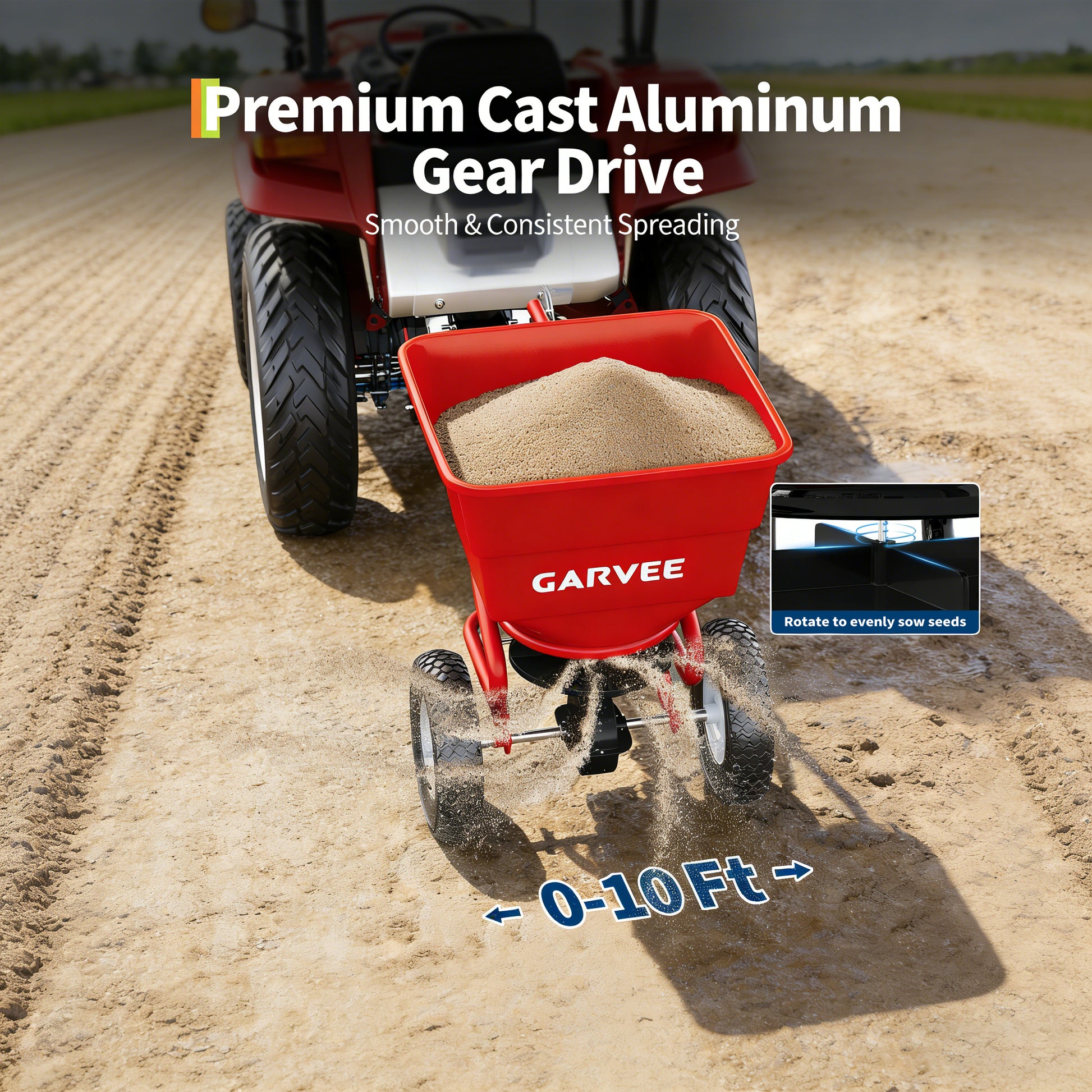 Garvee 130 lbs Tow Behind Broadcast Spreader, Adjustable Flow Control & Up to 10 ft Spread Width, 10" Pneumatic Tires, Rust-Resistant Poly Hopper, Steel Frame for Lawn, Seed, Fertilizer & Salt