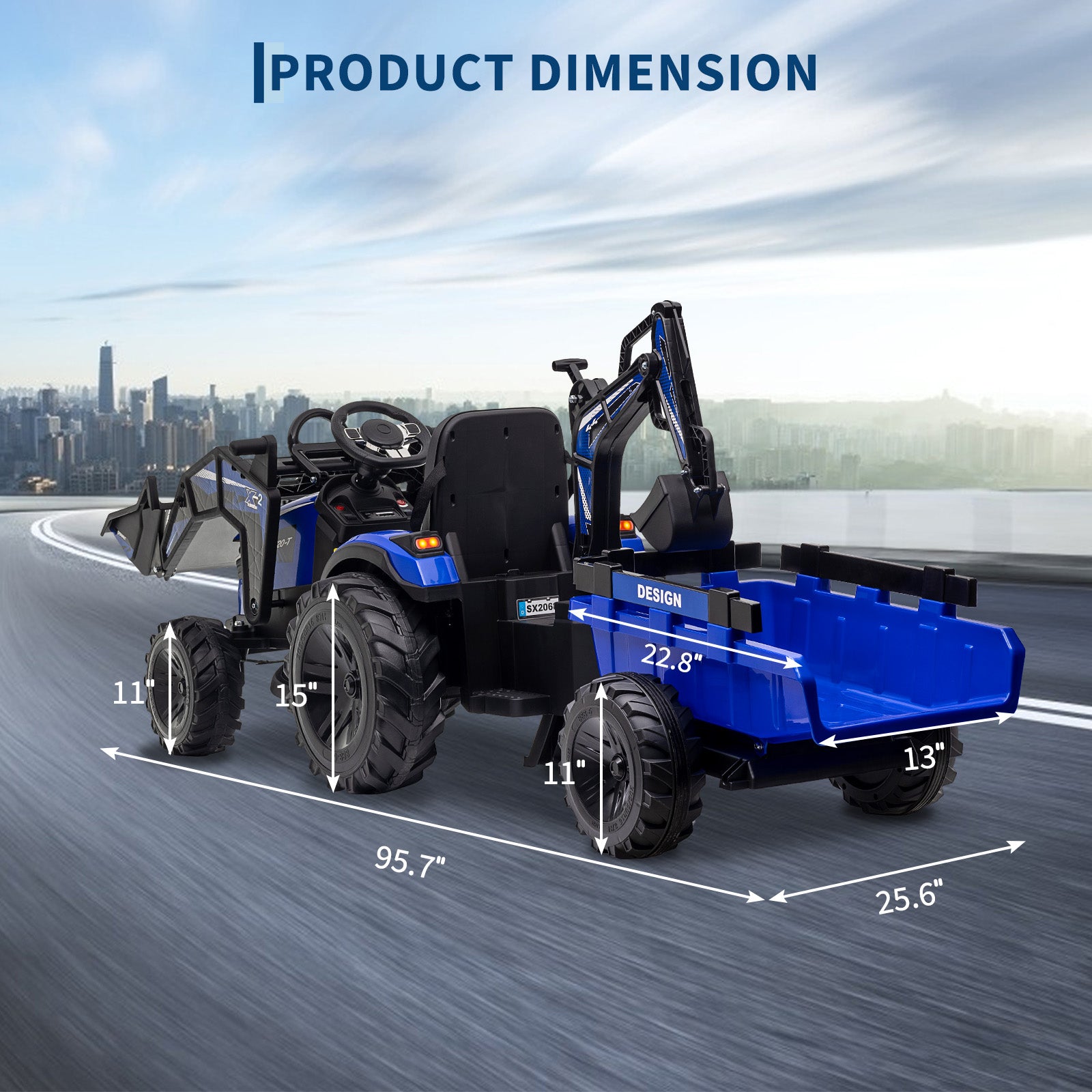 Garvee Ride P Series 3-in-1 Ride-On Tractor, 24V Electric, Excavator & Bulldozer, Remote Control, LED, Music, USB/Bluetooth max 66 lbs - Bright-blue