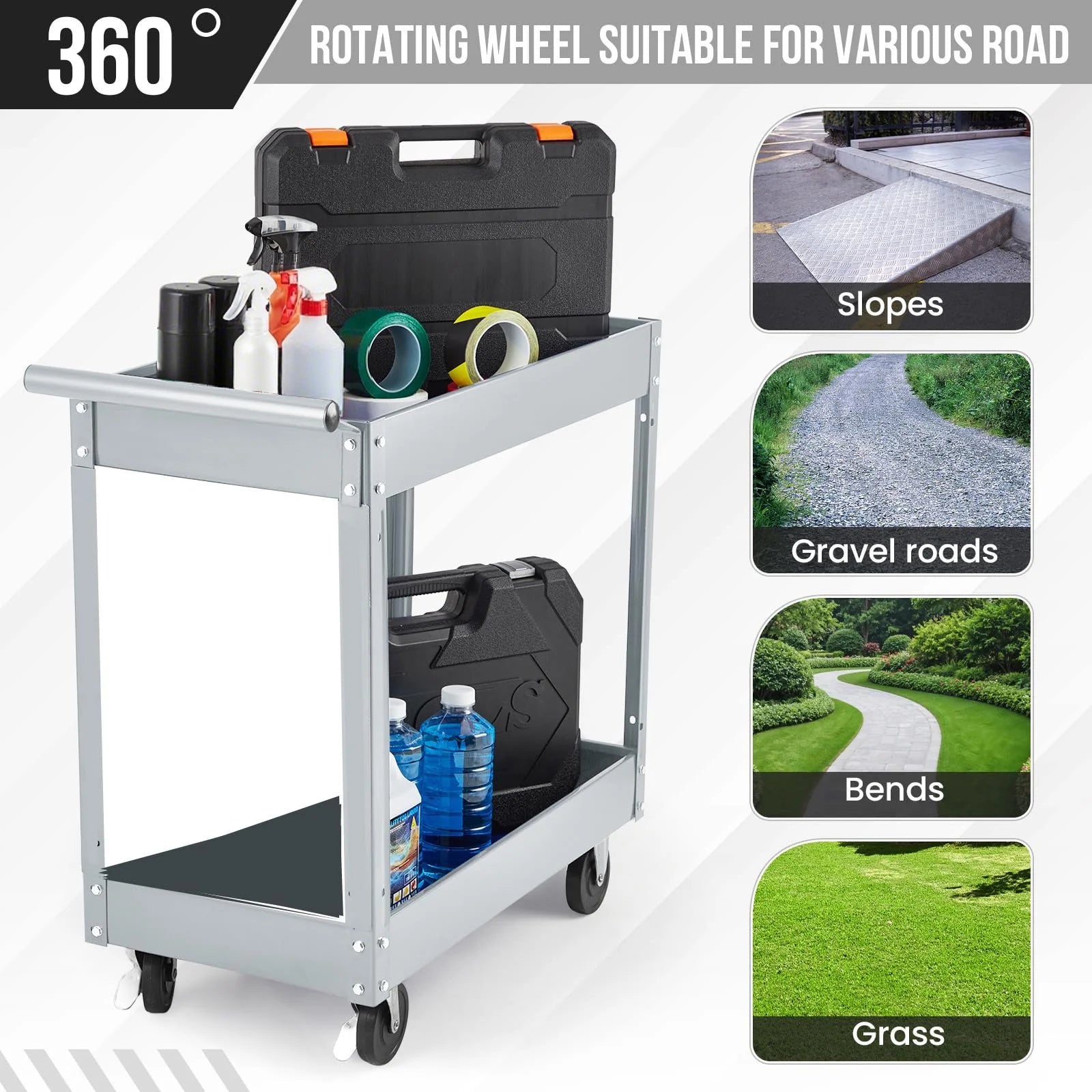 Garvee 2 Tier Rolling Tool Cart,330 Lbs Metal Heavy Duty Utility Cart On Wheels,2 Shelf Steel Utility Cart, Tool Storage Organizer for Mechanic, Garage, Workshop, Warehouse & Repair Shop