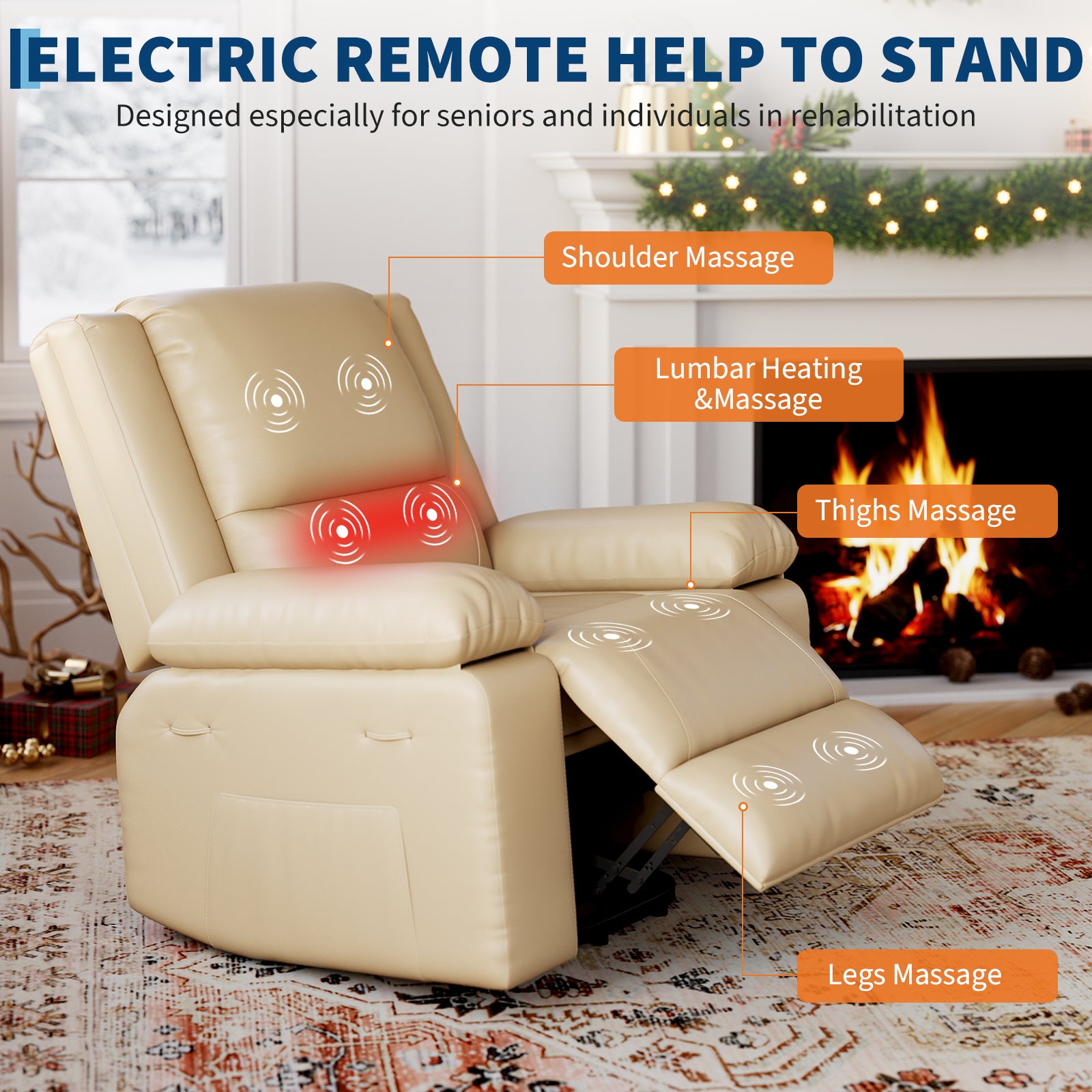 Garvee PU Leather Power Lift Recliner Chair with Massage and Heat, 8-Point Vibration, Adjustable Back and Leg Support, Electric Lift Chair Designed for Mobility Aid Elderly Relaxation, Beige