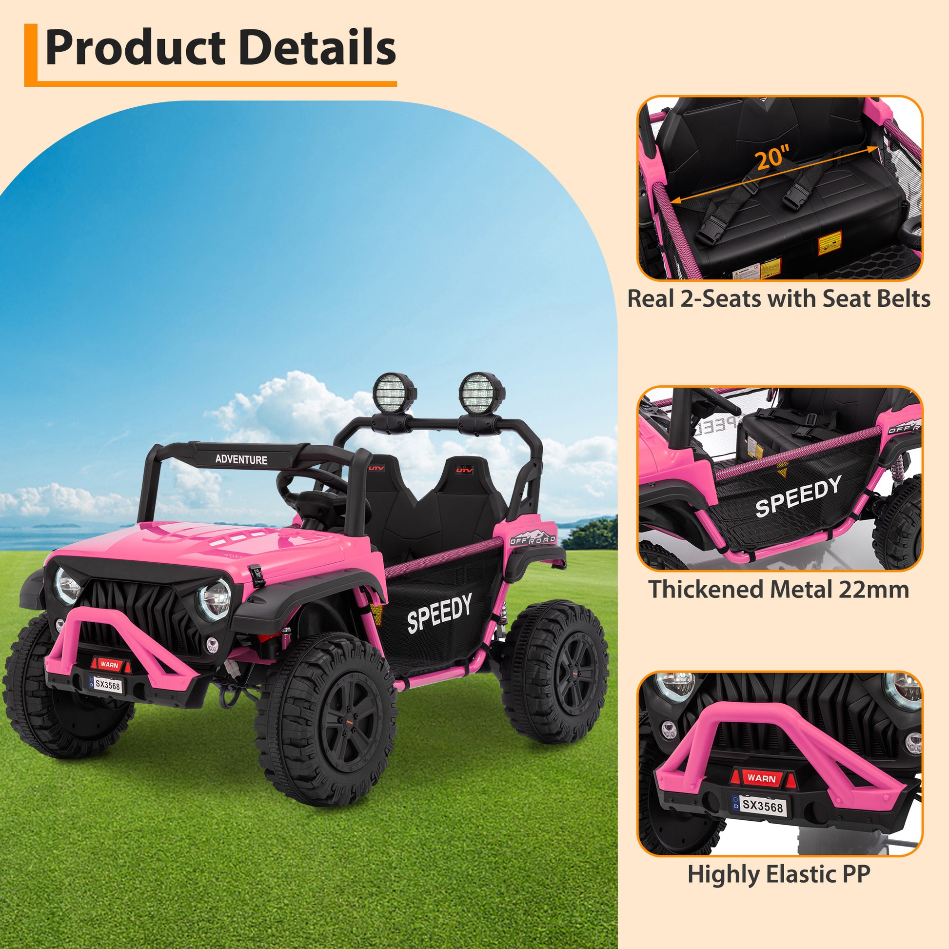 Garvee Ride P Series 24V Kids Toddler Ride On Truck 4WD 3 Speeds Large 7AH Battery EVA Tires Bluetooth MP3 Parent Safety Brake Red Outdoor Play - Pink