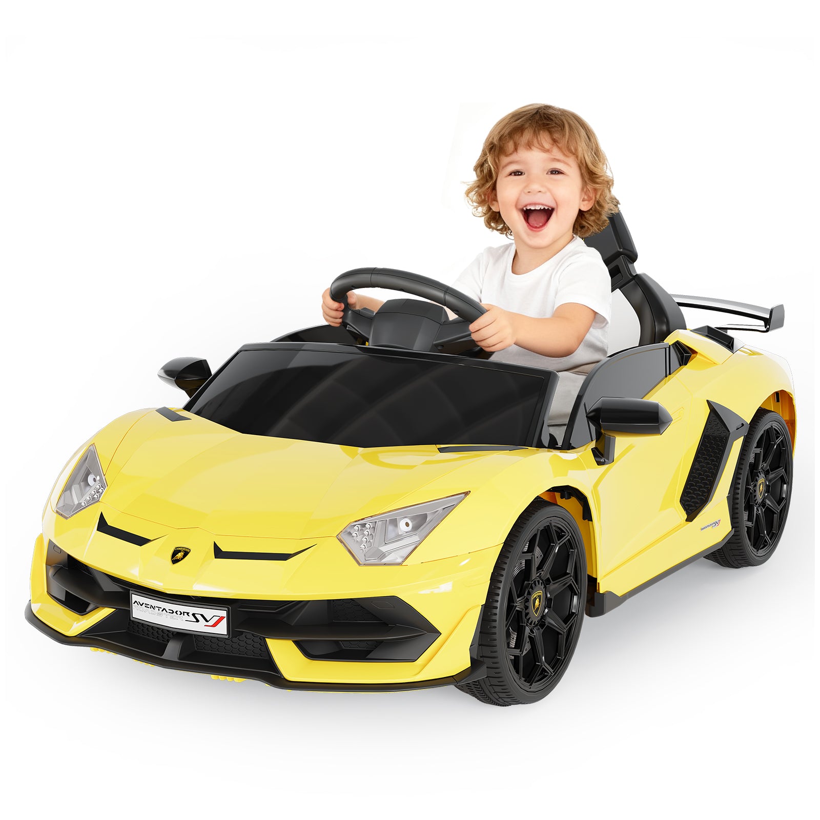 Garvee Ride P Series 12V Electric Ride-On Car for Kids | Licensed Lamborghini Battery-Powered Sports Car with Remote Control, 2 Speeds, Sound System, LED Headlights, Hydraulic Doors - Yellow