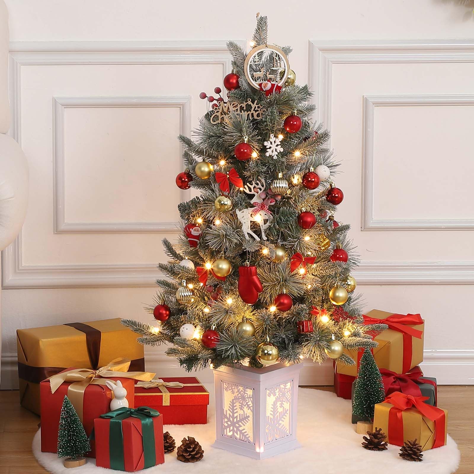 Garvee 3ft Prelit Artificial Christmas Tree with Snowflake Light Box Base, 78 Warm Lights & Red Berry for Front Door, Porch, Entryway, Fireside Christmas Decoration, Set of 2