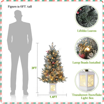 Garvee 3ft Prelit Artificial Christmas Tree with Snowflake Light Box Base, 78 Warm Lights & Red Berry for Front Door, Porch, Entryway, Fireside Christmas Decoration, Set of 2