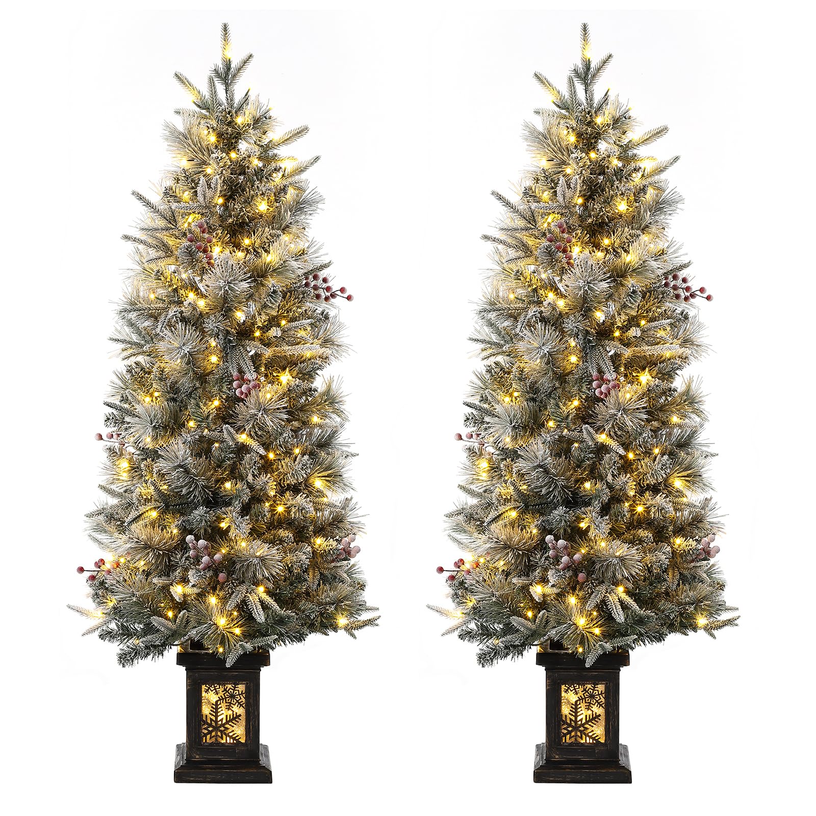 Garvee 4.5ft Christmas Tree Set of 2, Pre-Lit Artificial Christmas Tree with Snowflake Base, 200 LEDs & 8 Lighting Modes, Prelit Xmas Pine Tree Christmas Decoration for Yard, Office, Entrances