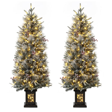 Garvee 4.5ft Christmas Tree Set of 2, Pre-Lit Artificial Christmas Tree with Snowflake Base, 200 LEDs & 8 Lighting Modes, Prelit Xmas Pine Tree Christmas Decoration for Yard, Office, Entrances