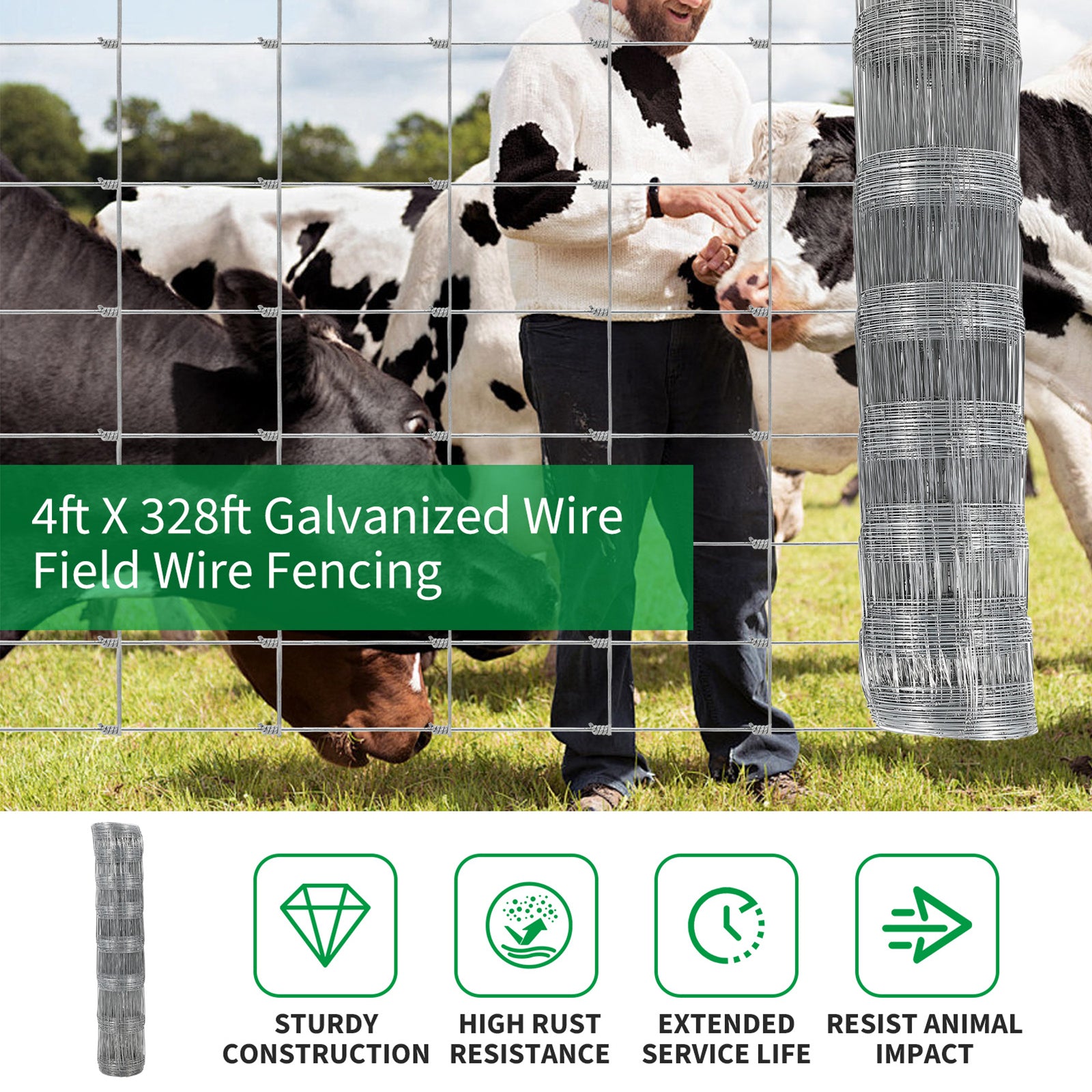 Garvee Farm Fence,4x328FT Heavy Zinc Coating Cattle Fence,Galvanized Field Wire Fencing with Hinge Knot for Cattle, Goats & Sheep,Hog,Animals Protection