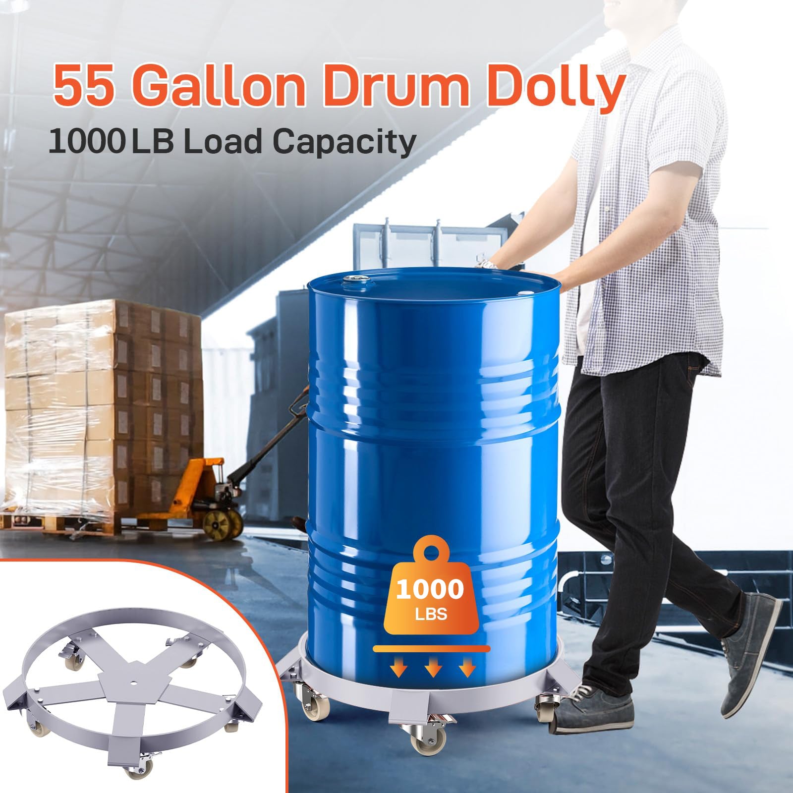 Garvee 55 Gallon Drum Dolly Heavy-Duty Steel 1000lbs Capacity Galvanized Frame 5 Swivel Casters Brakes Warehouse Use