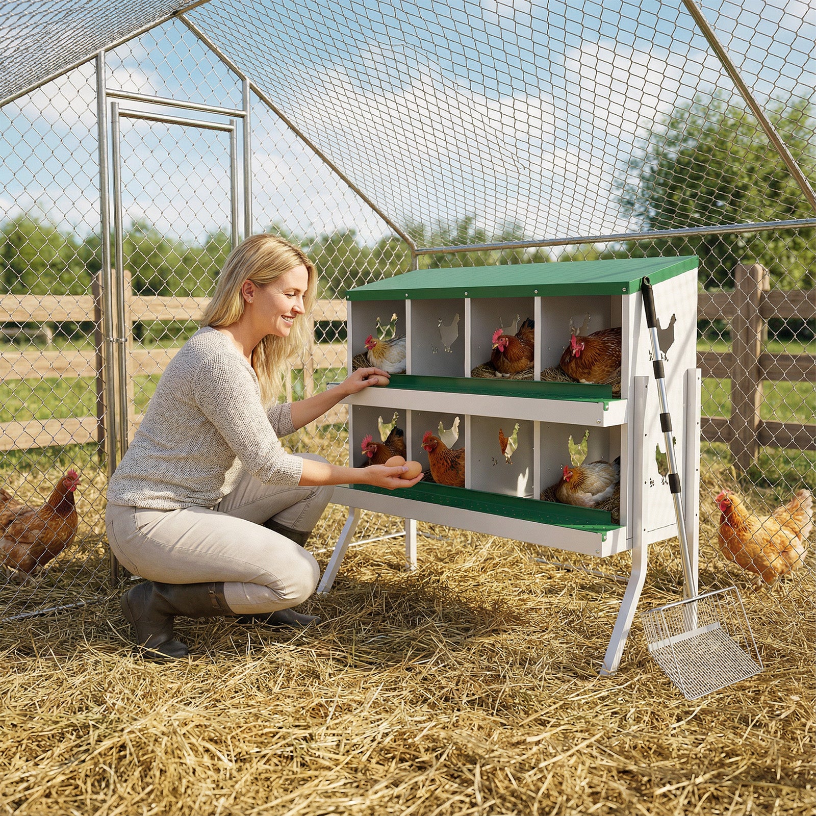 Garvee Professional Farm Chicken Coop System: Extra-Large Walk-In Poultry Run, Roll-Away Nesting Box, Climbing Gym, Cleaning spatula & High-Capacity Feeder - Comfort for 9+ Hens