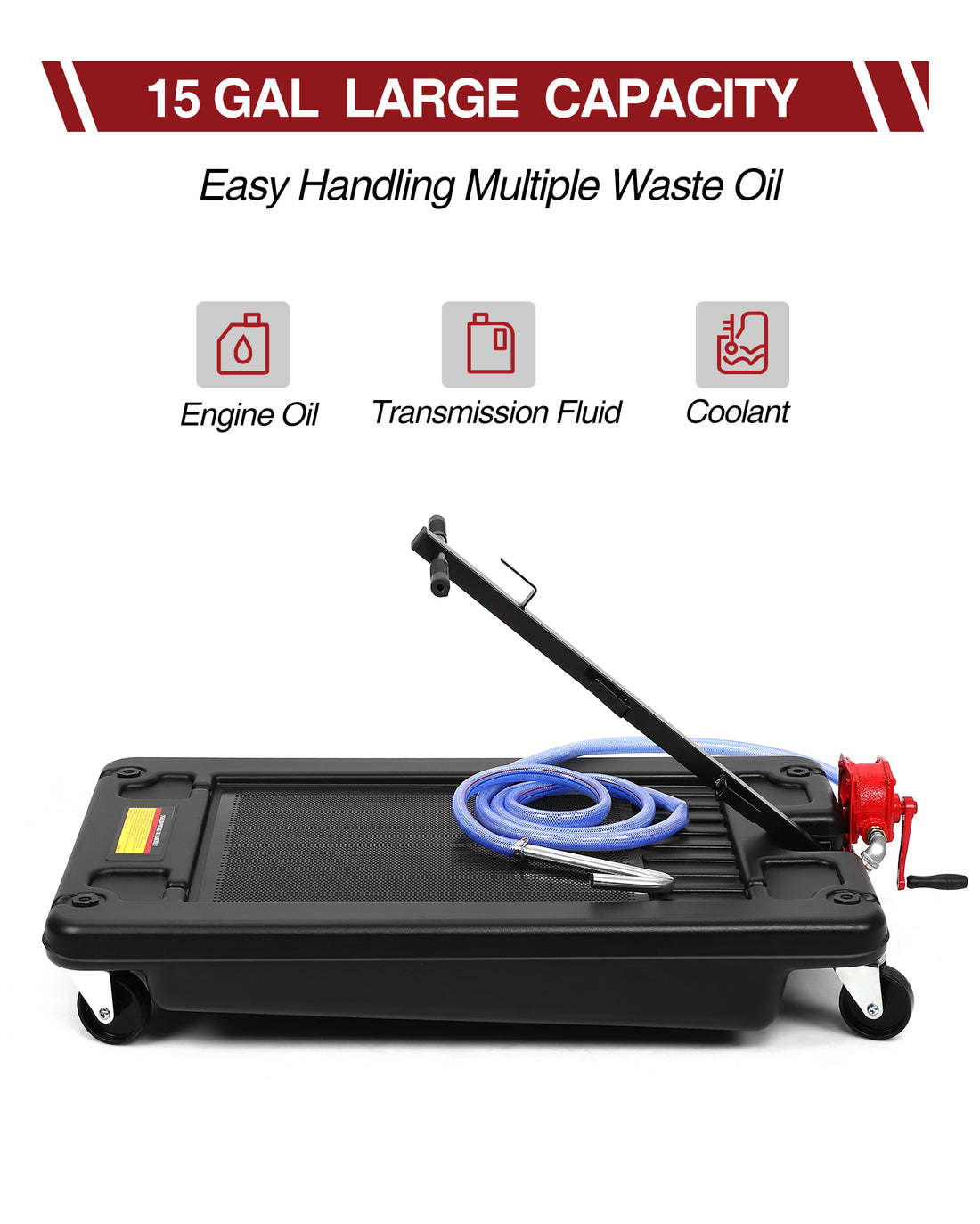 Garvee Hand Pump & Hose Oil Drain Pan with 17 Gal Low Profile & 8 Ft Hose - Black