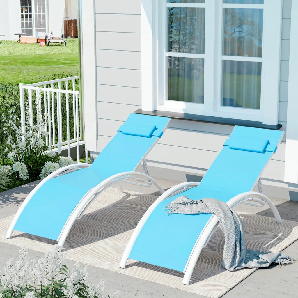 Garvee Outdoor Chaise Lounge Chairs Set of 2 with 3-Position Backrest, Aluminum Pool Chaise Lounges for Pool, Garden, Beach, and Backyard - All-Weather Design, Blue.