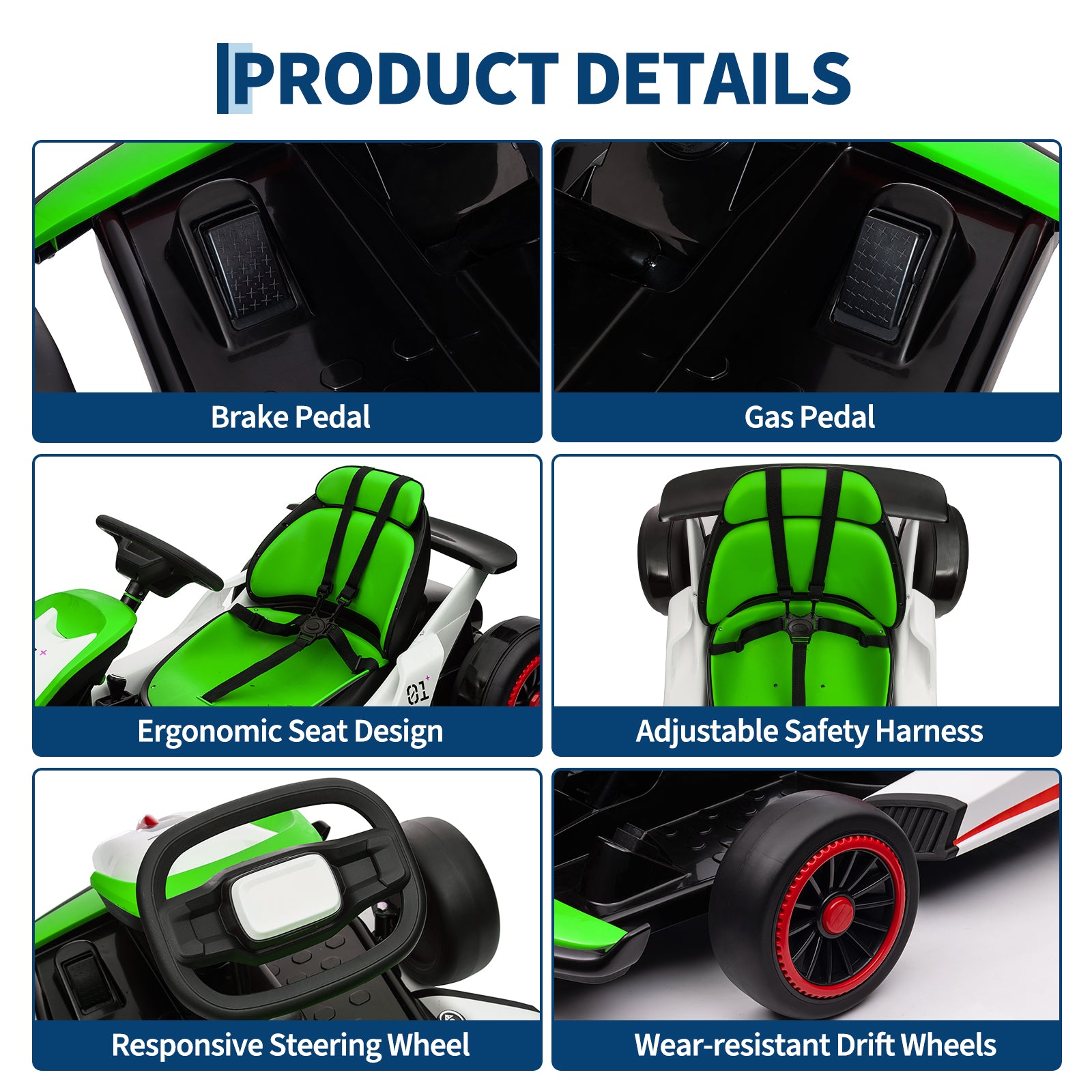 Garvee Ride - G Series: 6+,24V Drift Kart with 2X150W Strong Motor, 7AH Big Battery, Electric Pedals, Electric Go Kart Outdoor Race Toy - Green & White