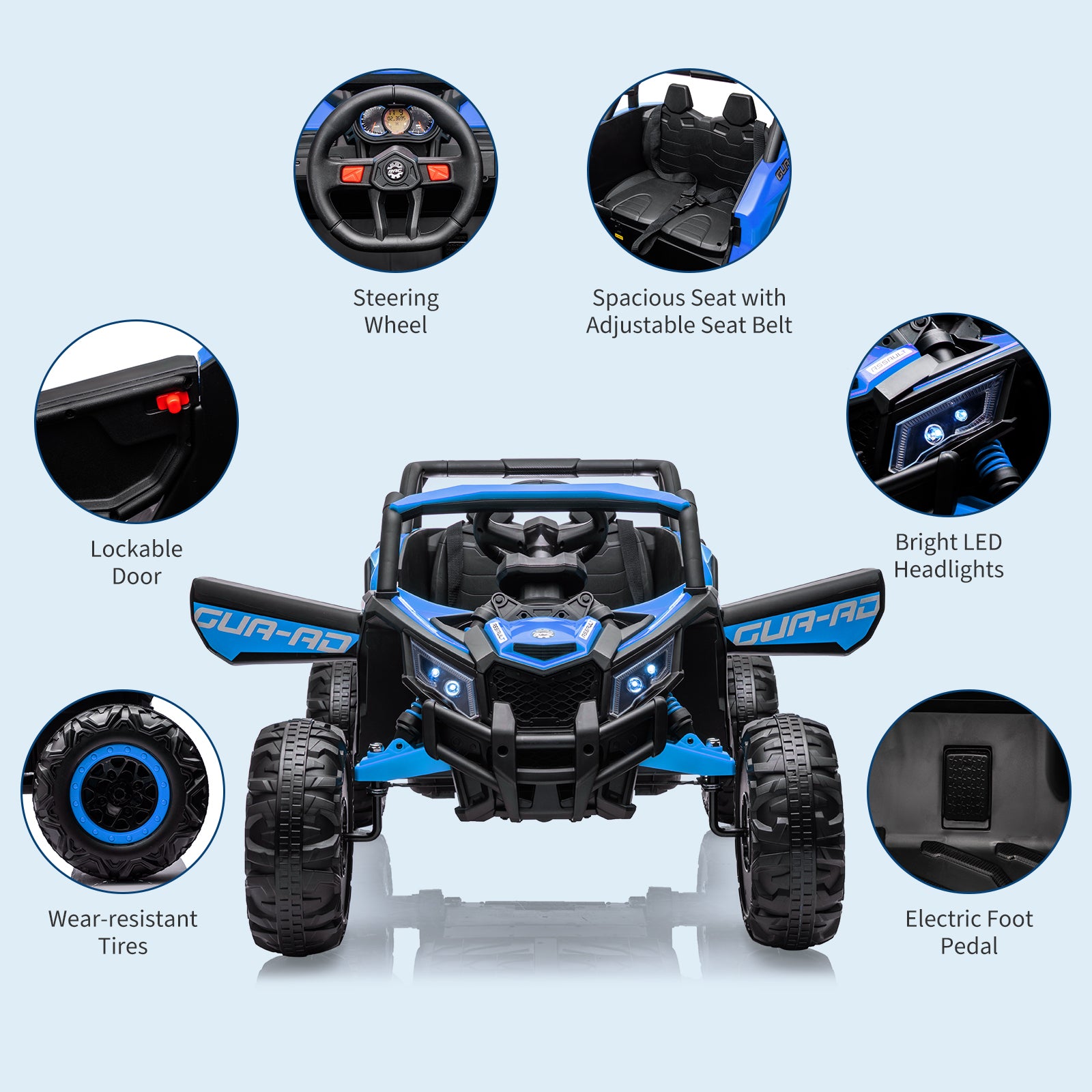 Garvee Ride - P Series: 24V Ride-On UTV: Remote Control, 200W Motor, Spring Suspension, Music, LED Lights, for Boys & Girls - Blue