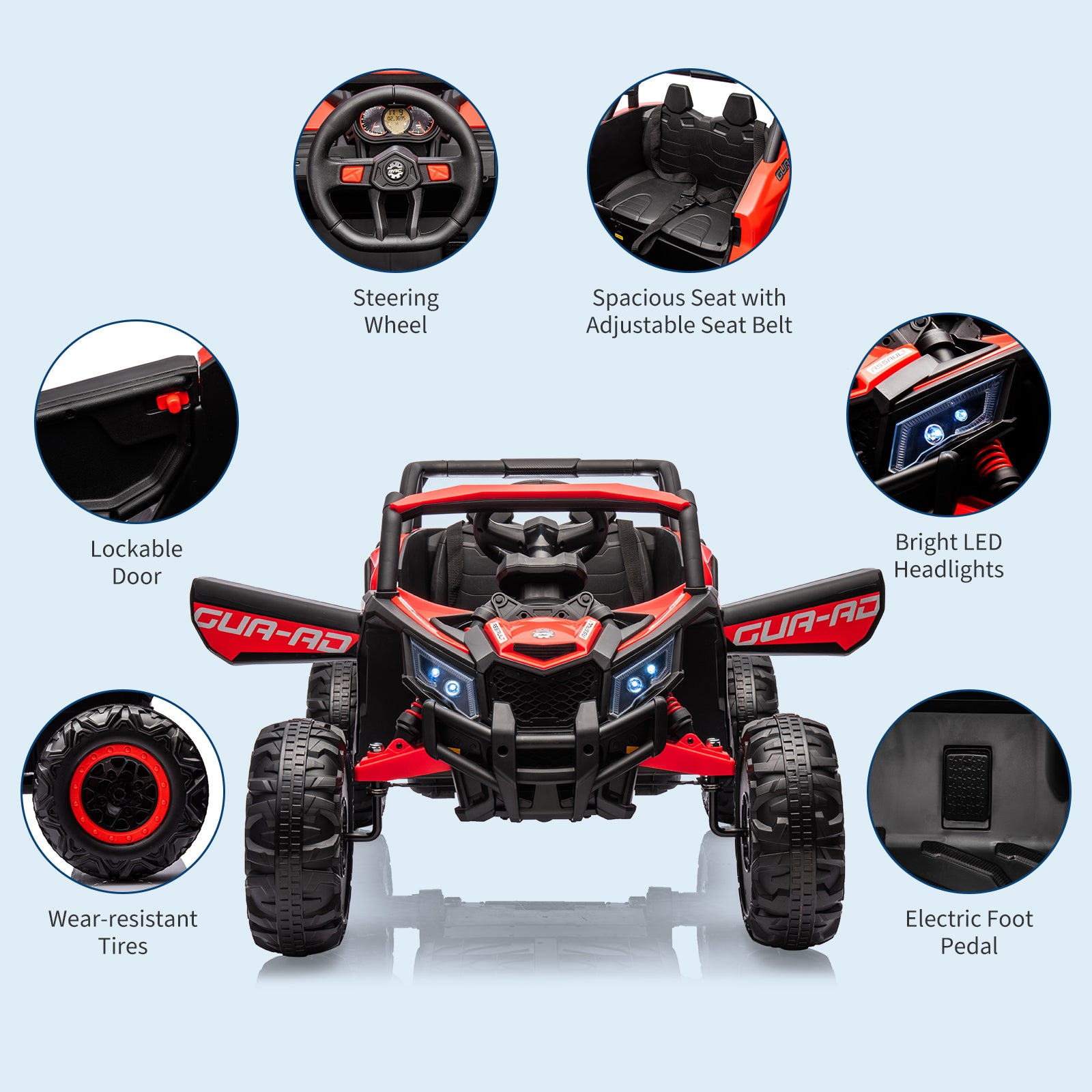 Garvee Ride - P Series: 24V Ride-On UTV: Remote Control, 200W Motor, Spring Suspension, Music, LED Lights, for Boys & Girls - Red