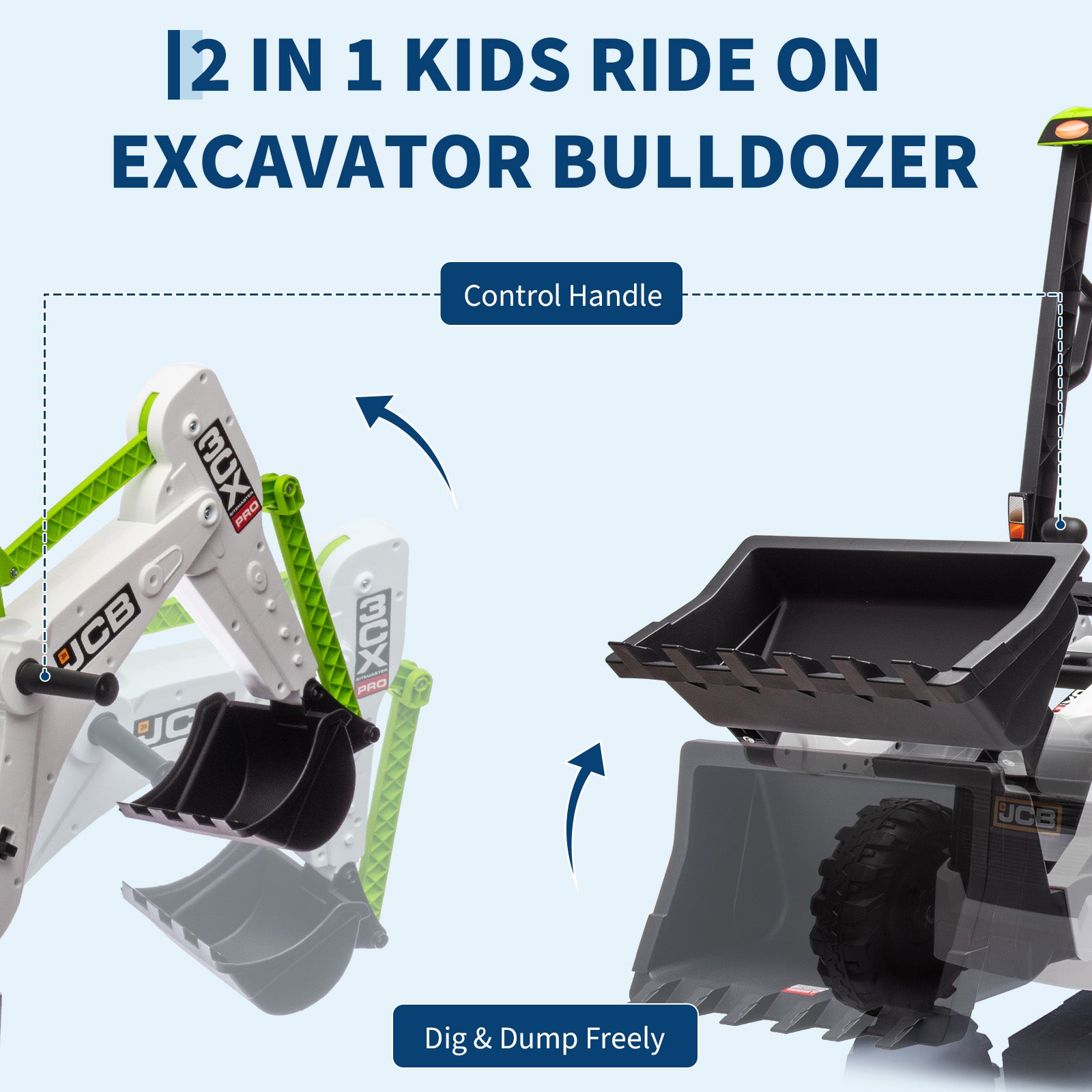 Garvee Ride - P Series: 4-in-1 Ride-On Tractor for Kids: Excavator, Bulldozer, Removable Tent, 12V Battery, Remote Control, Front Loader, Horn, EVA Tires - White