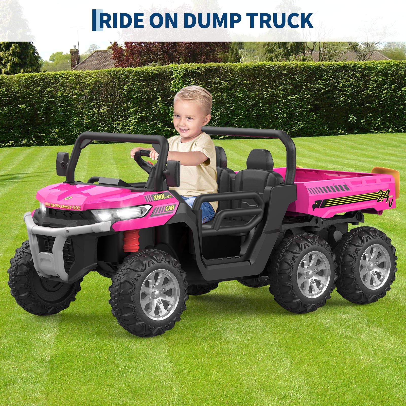 Garvee Ride - P Series: 2-Seater Ride On Car 24V 6X6 Kids Dump Truck with Remote, Battery 6 Wheeler, Electric UTV for 3 Years+, Outdoor Adventure Toy Vehicle Pink