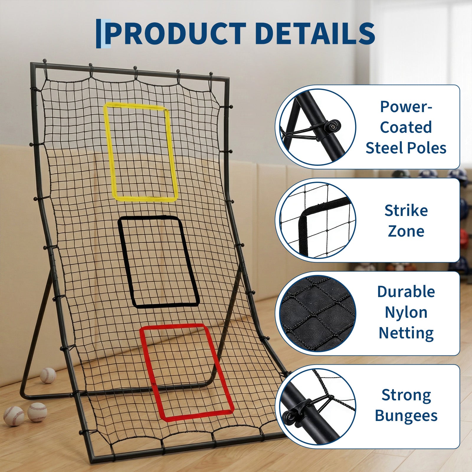 Garvee Back Net for Baseball & Softball - 6x4 ft Pitching and Fielding Rebounder with 3 Goal Zones, Heavy Duty Powder-Coated Steel Frame, Tear-Resistant Netting, Portable Design