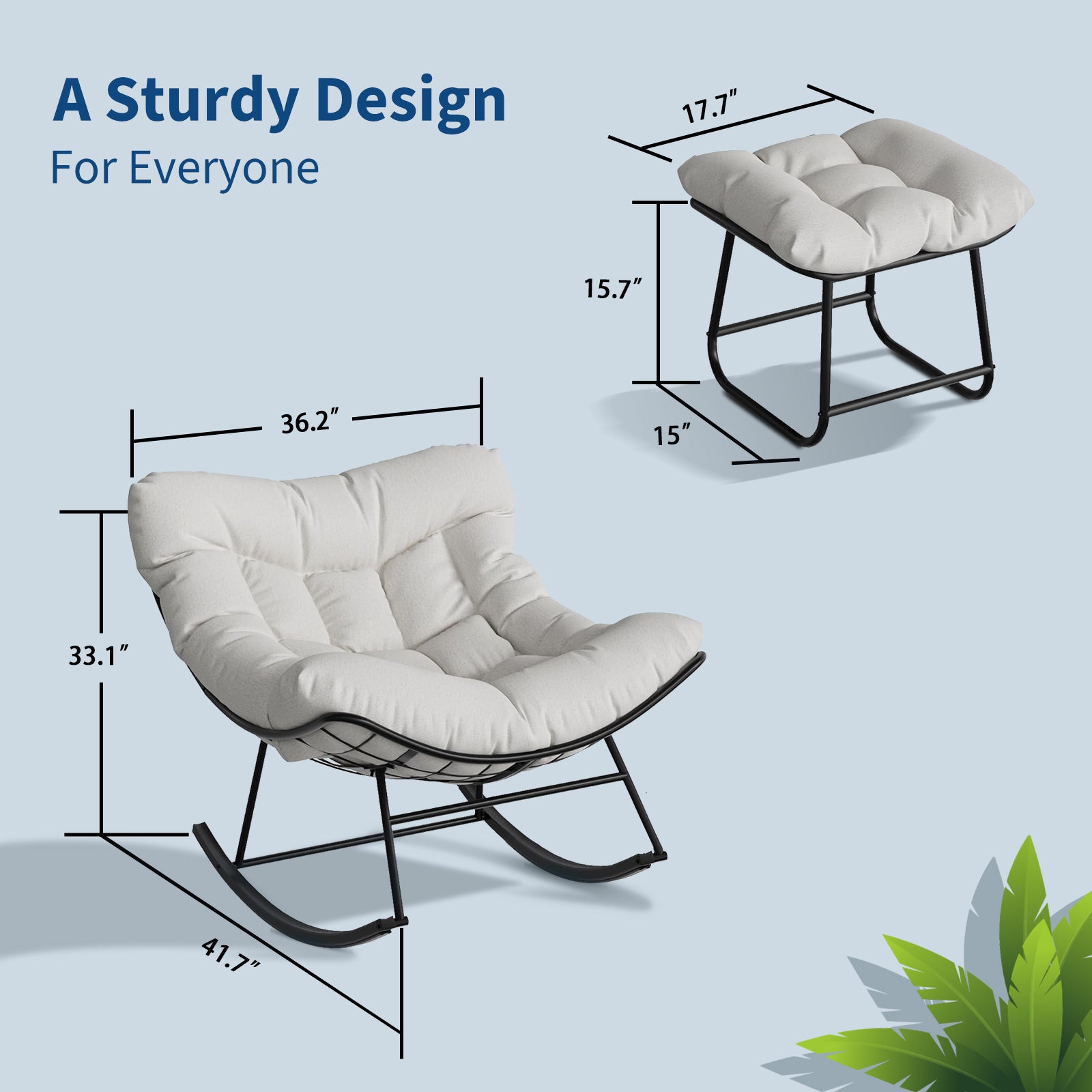 Garvee Papasan Rocking Chair with Footrest, Metal Patio Lounge Rocking Chair with Ottoman & Thick Cushion, Patio Comfy Modern Egg Rocker for Balcony Backyard Porch Bedroom, White