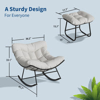 Garvee Papasan Rocking Chair with Footrest, Metal Patio Lounge Rocking Chair with Ottoman & Thick Cushion, Patio Comfy Modern Egg Rocker for Balcony Backyard Porch Bedroom, White