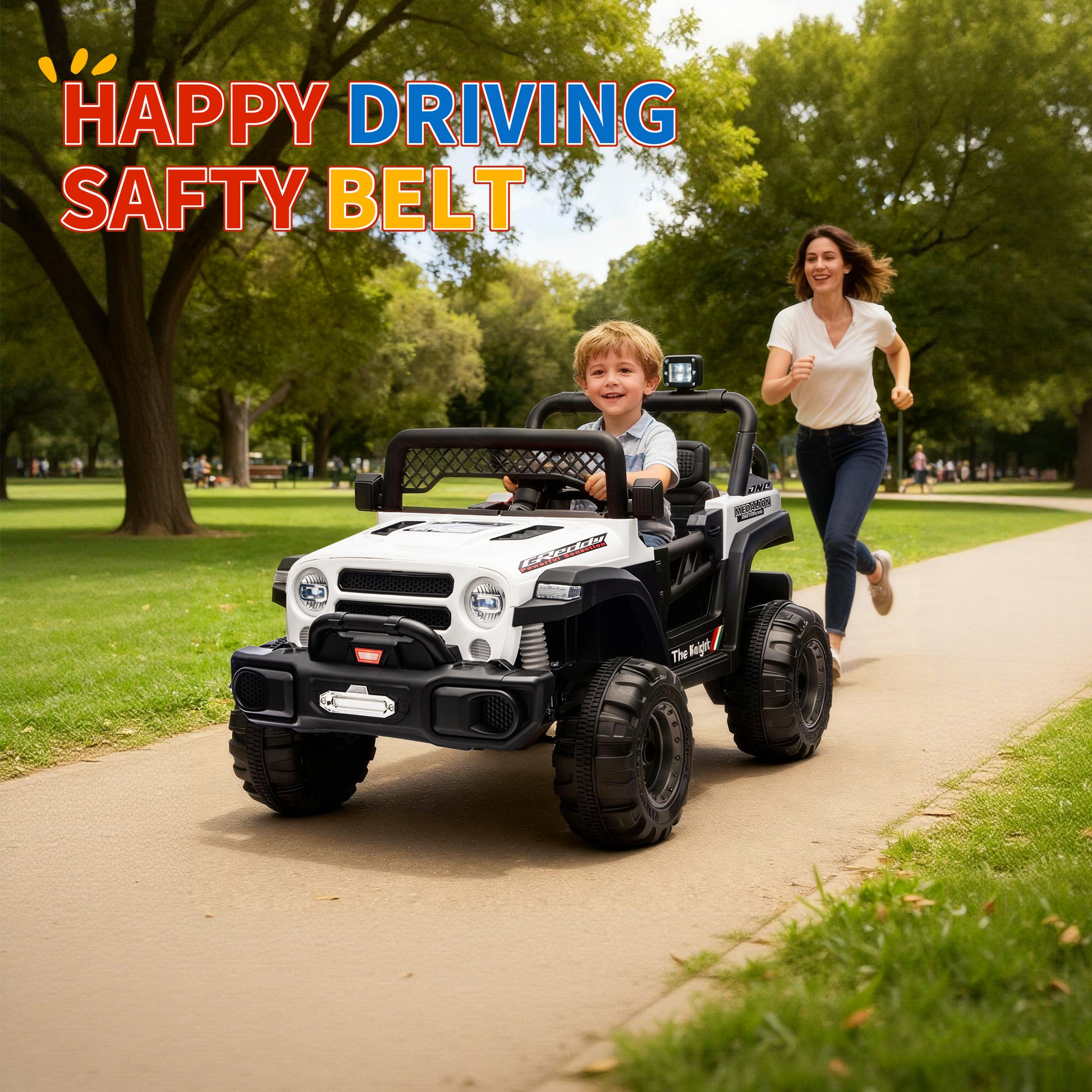 Garvee 12V Kids Electric Ride-On Truck – Dual Motors, 3 Speeds, Remote Control, Spring Suspension, LED Lights, Music, Safety Belt, Storage – Battery Powered Car Toy for Boys & Girls Ages 2-8, White