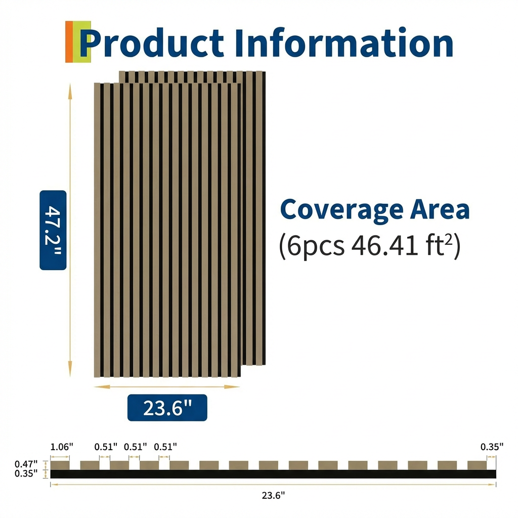 Garvee Set of 6 Modern 3D Fluted Acoustic Wood Slat Wall Panels 47.2" x 23.6" Soundproof Decorative Panels for Home Theater, Office, Studio and Interior Walls, Walnut