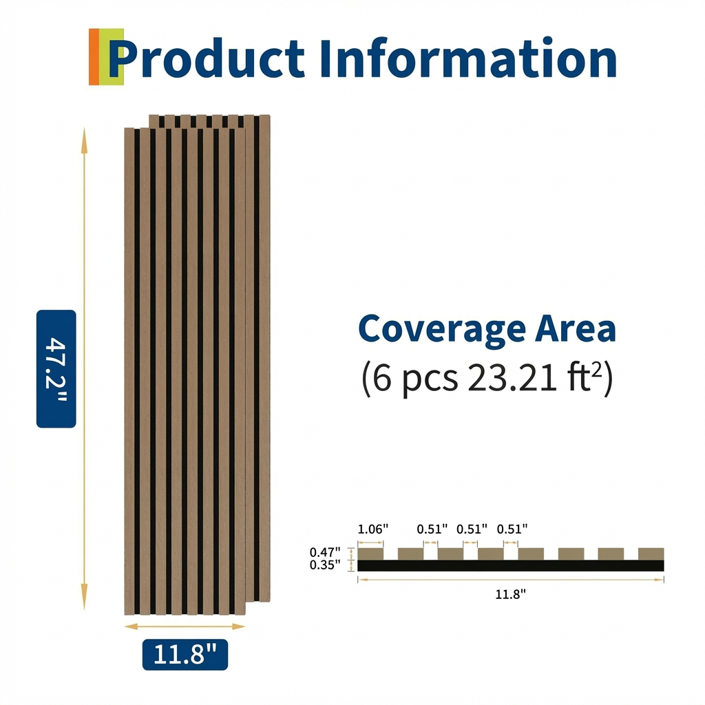 Garvee Set of 6 Modern 3D Fluted Acoustic Wood Slat Wall Panels 47.2" x 11.8" Soundproof Decorative Panels for Home Theater, Office, Studio and Interior Walls, Walnut