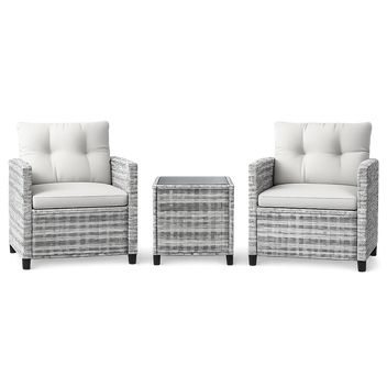 Garvee 3-Piece PE Rattan Patio Conversation Set, Outdoor Wicker Chairs with Cushions & Tempered Glass Table, Gray & Beige