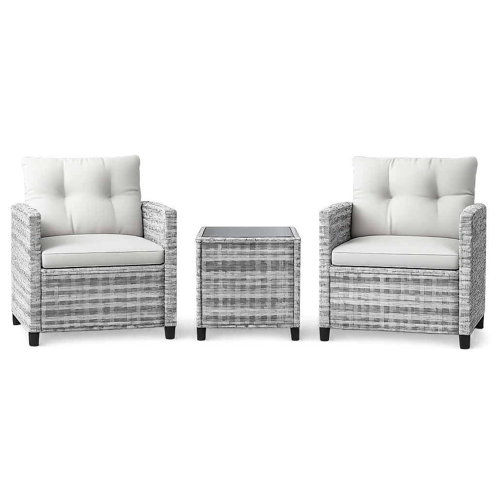 Garvee 3-Piece PE Rattan Patio Conversation Set, Outdoor Wicker Chairs with Cushions & Tempered Glass Table, Gray & Beige