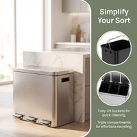 Garvee Trash Can, 3 x 4-Gallon Garbage Can for Kitchen, 3 Compartments for Recycling and Trash, Plastic Inner Buckets and Hinged Lids, Wide Stainless Steel Shape (15 + 15 + 15 for 45L Total), Silver
