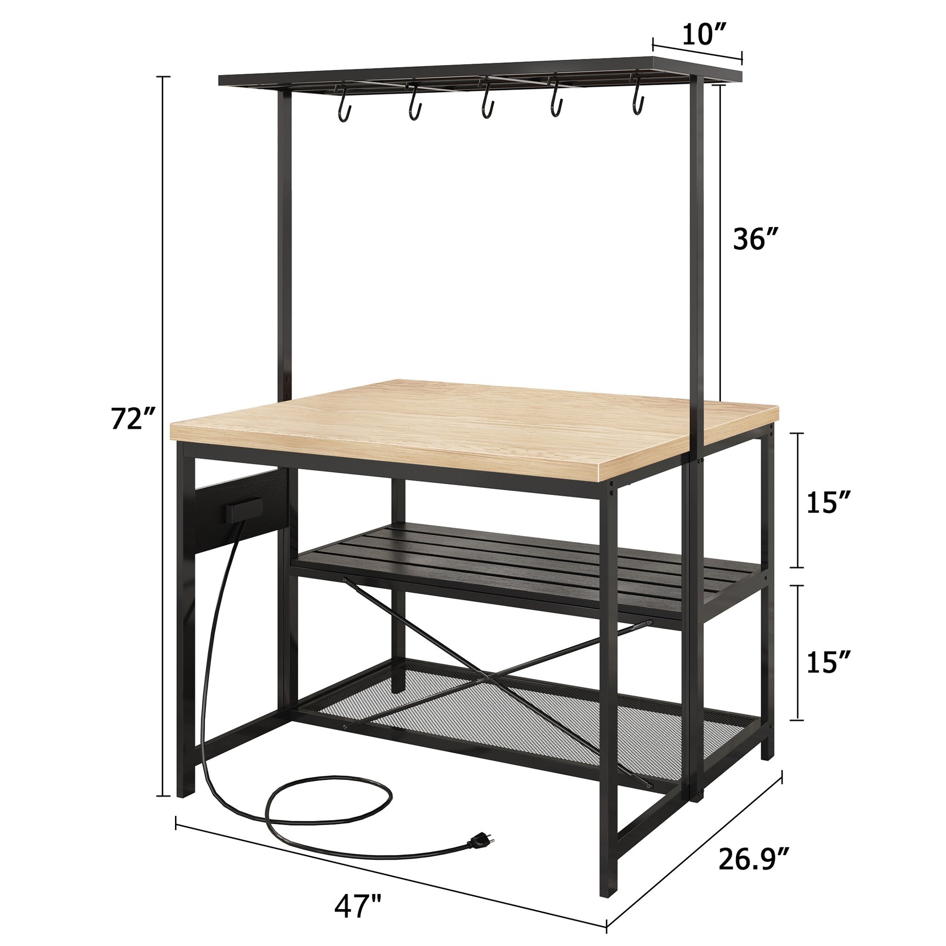 Garvee Kitchen Island with Storage, Bakers Rack with Power Outlet, Island Table for Kitchen,3 Tier Microwave Stand Oven Shelf,Large Coffee Bar Table, Storage Shelf for Kitchen Dining Room Living Room,5 Hooks