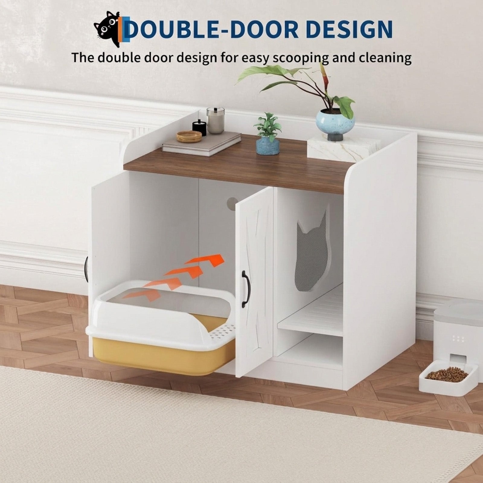 Garvee Cat Litter Box Enclosure, Hidden Litter Box Furniture with Divider, Indoor Cat House, Wooden Cat Washroom Storage Cabinet Bench, Side End Table Nightstand, White & Brown Top