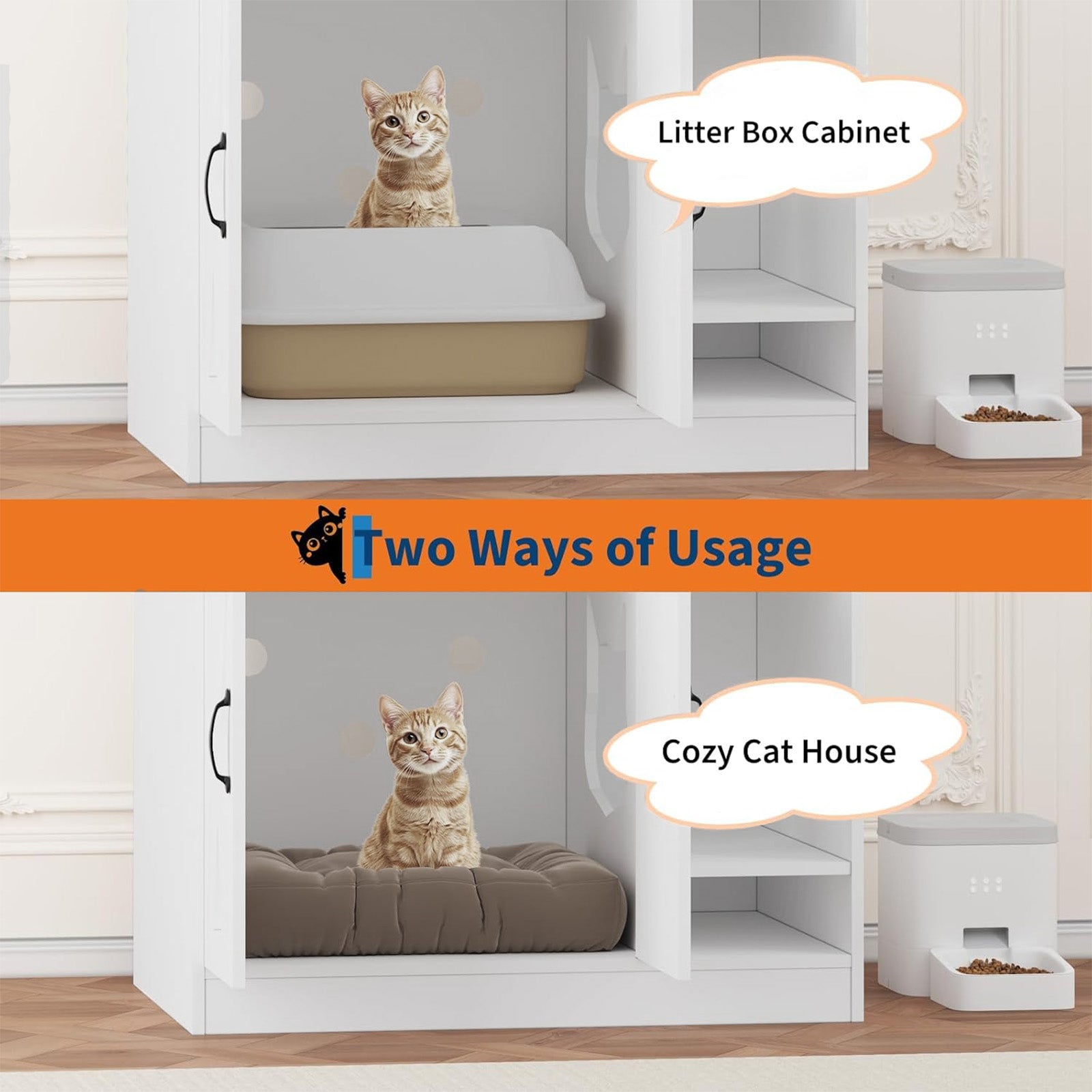 Garvee Cat Litter Box Enclosure, Hidden Litter Box Furniture with Divider, Indoor Cat House, Wooden Cat Washroom Storage Cabinet Bench, Side End Table Nightstand, White & Brown Top