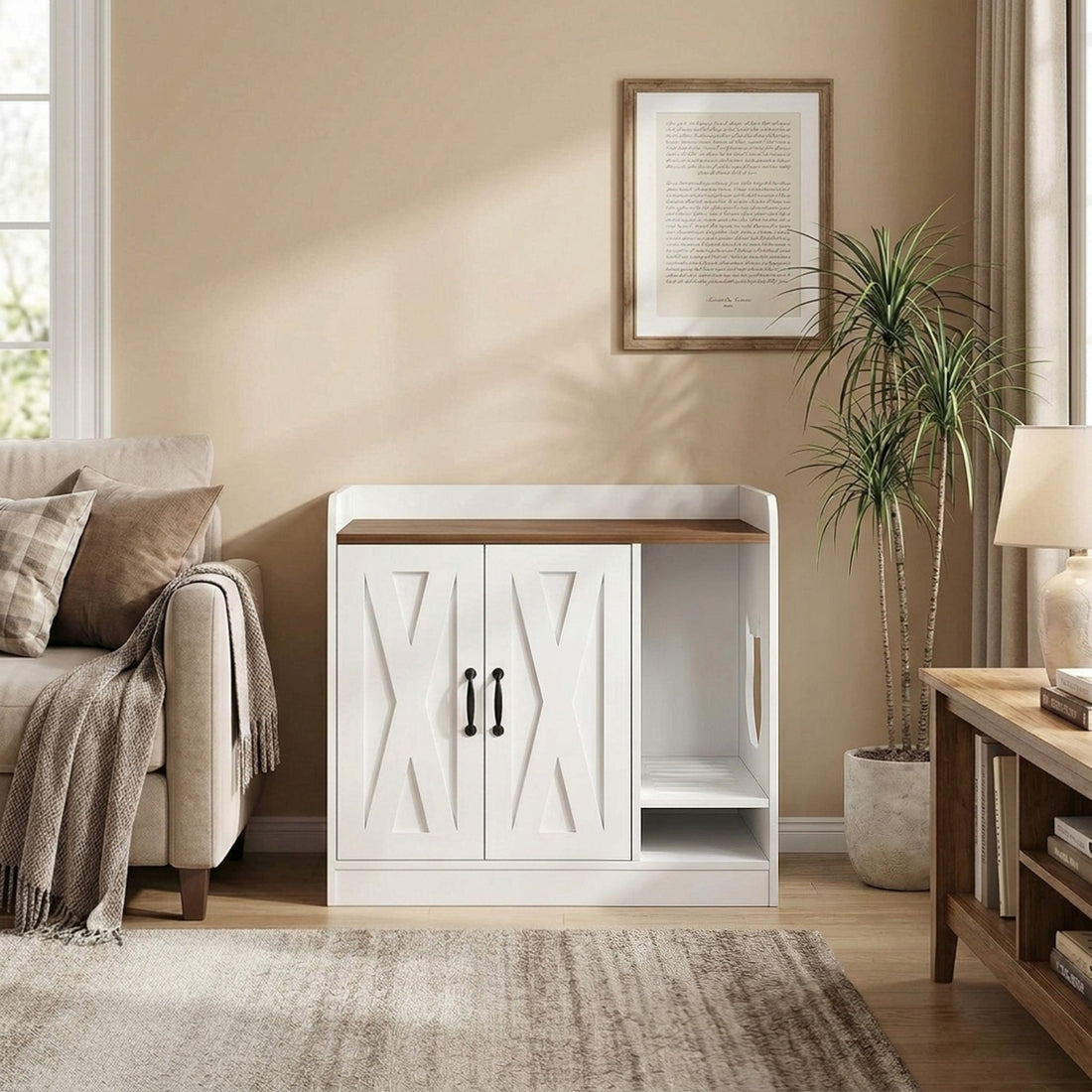 Garvee Cat Litter Box Enclosure, Hidden Litter Box Furniture with Divider, Indoor Cat House, Wooden Cat Washroom Storage Cabinet Bench, Side End Table Nightstand, White & Brown Top