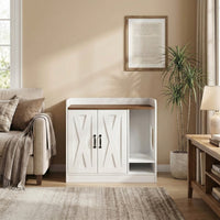 Garvee Cat Litter Box Enclosure, Hidden Litter Box Furniture with Divider, Indoor Cat House, Wooden Cat Washroom Storage Cabinet Bench, Side End Table Nightstand, White & Brown Top