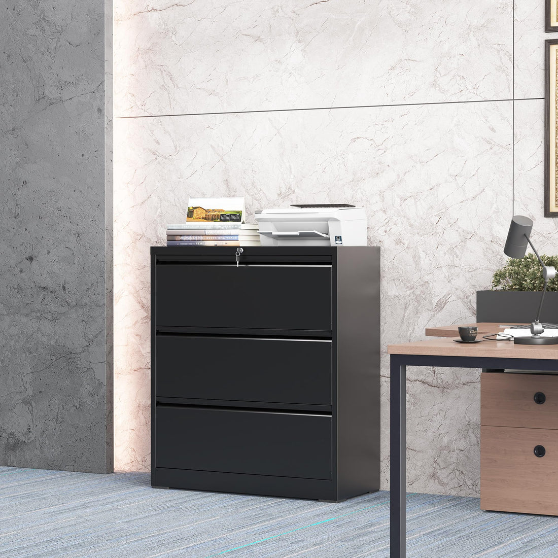 Garvee 3 Drawer Lateral File Cabinet, Metal Filing Cabinet with Lock for Home Office, Wide Steel Storage Cabinet Commercial Drawer Cabinets for Legal/Letter/A4 Size Files Assembly Required