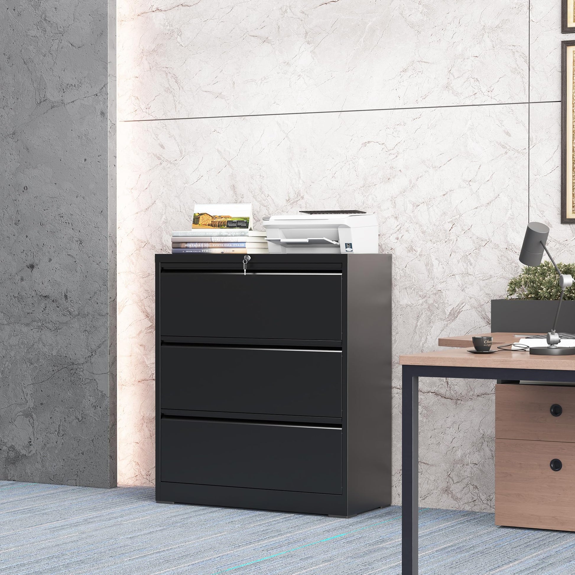 Garvee 3 Drawer Lateral File Cabinet, Metal Filing Cabinet with Lock for Home Office, Wide Steel Storage Cabinet Commercial Drawer Cabinets for Legal/Letter/A4 Size Files Assembly Required