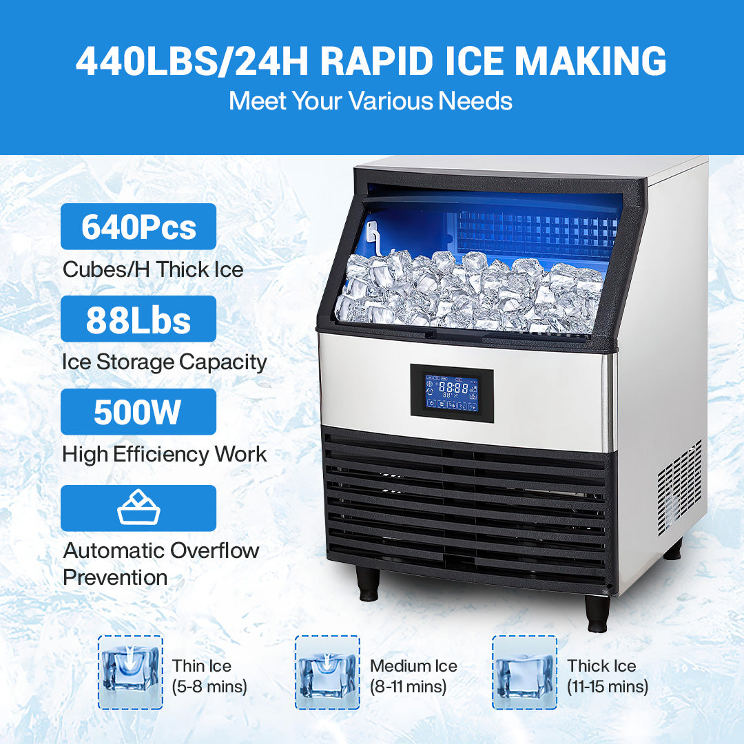 440lbs/24H Commercial Ice Maker, 40L Capacity, Under Counter, Stainless Steel