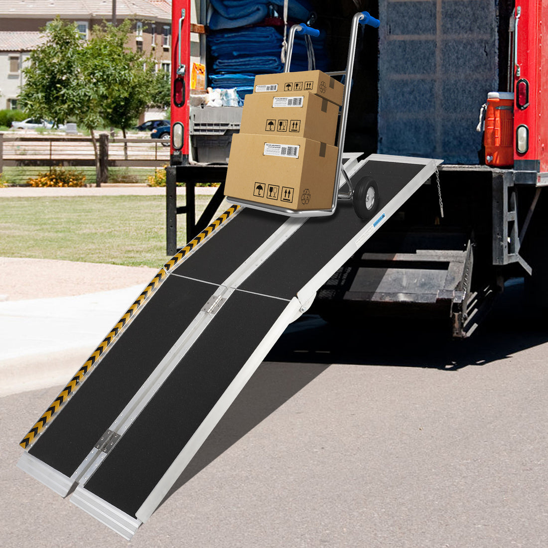 Garvee 5Ft Portable Wheelchair Ramp Aluminum Foldable Non-Slip Surface Reflective Strips Transition Plate Home Steps Access