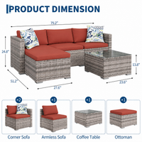 Garvee 5-Piece Compact Patio Sectional Sofa Set, Gray PE Wicker Outdoor Furniture with Rust Red Cushions, Ottoman and Glass Coffee Table