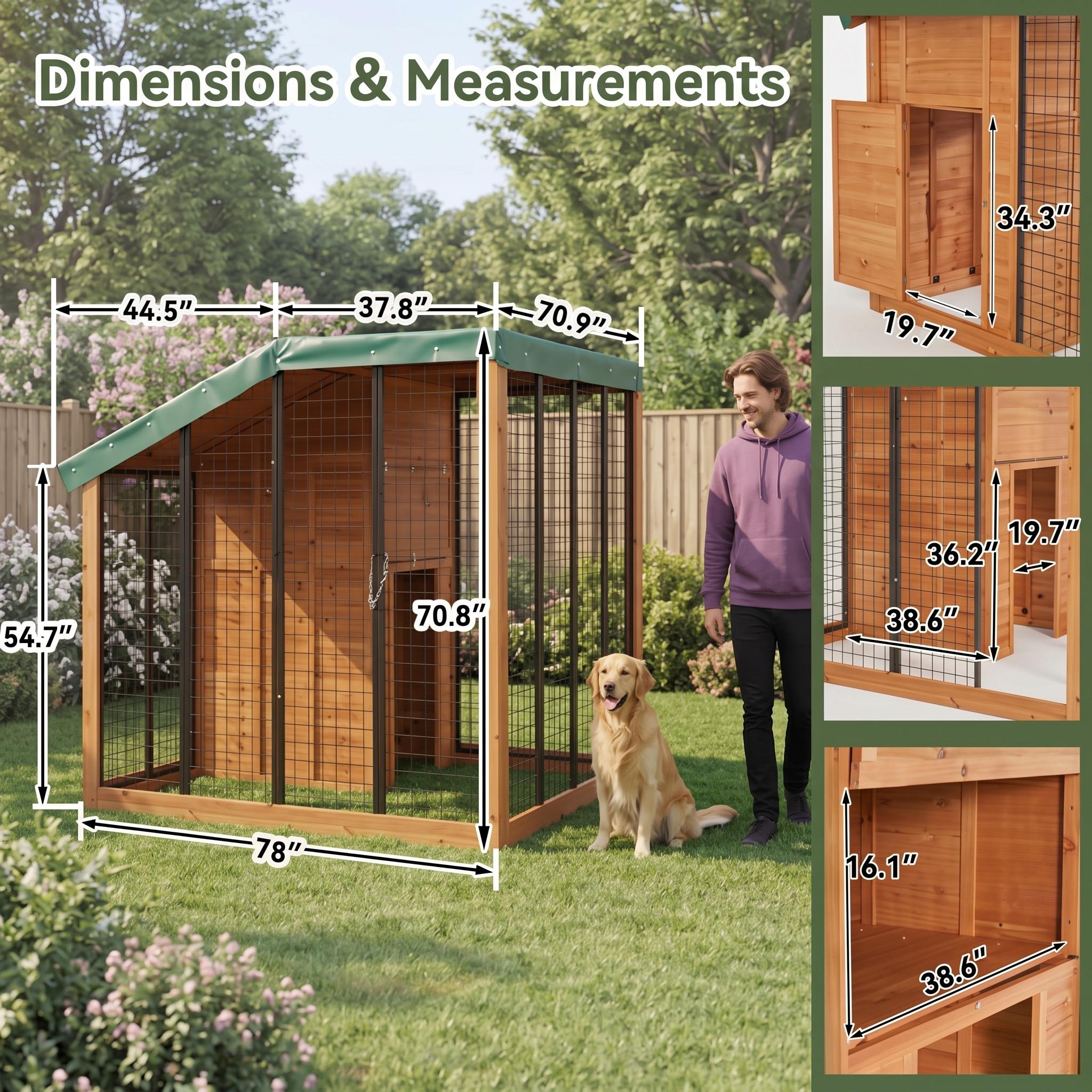 Natural wood outdoor dog kennel dimension diagram showing the 7 × 6 × 6 ft structure and key enclosure measurements