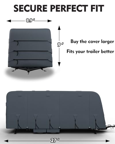 Travel Trailer Rv Cover, Windproof Camper Cover with Extra-Thick 6 Layers Anti-Uv Top Panel, Breathable, Water-Proof, Rip-Stop with 2Pcs Extra Straps & 4 Tire Covers